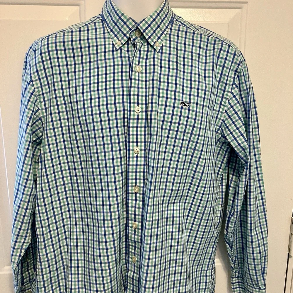 Vineyard Vines Sz Medium Whale Shirt Long‎ Sleeve Blue Plaid Button Up Men's